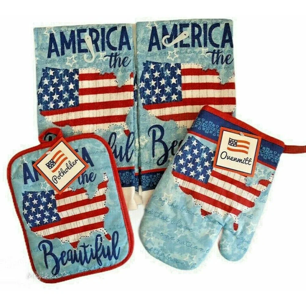 America The Beautiful Dish Towels Oven Mitt Potholder Set of 4 Beach Summer
